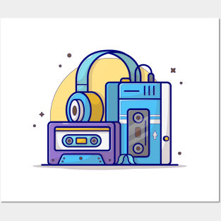 Old Music Player with Cassette and Headphone Music Cartoon Vector Icon Illustration Posters and Art